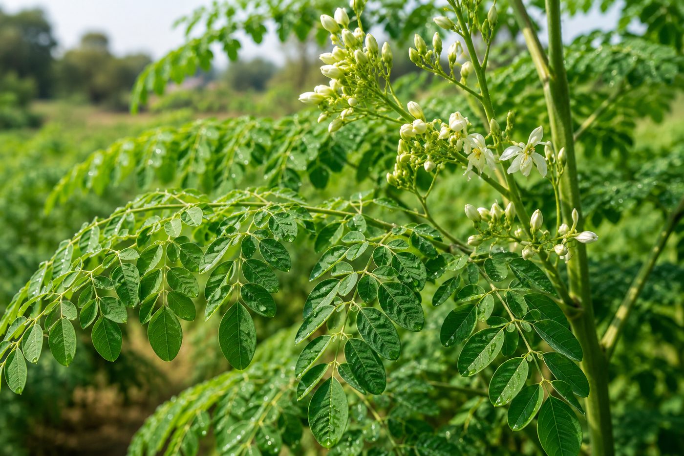 Moringa growing in the field, flowering branches ready for harvest