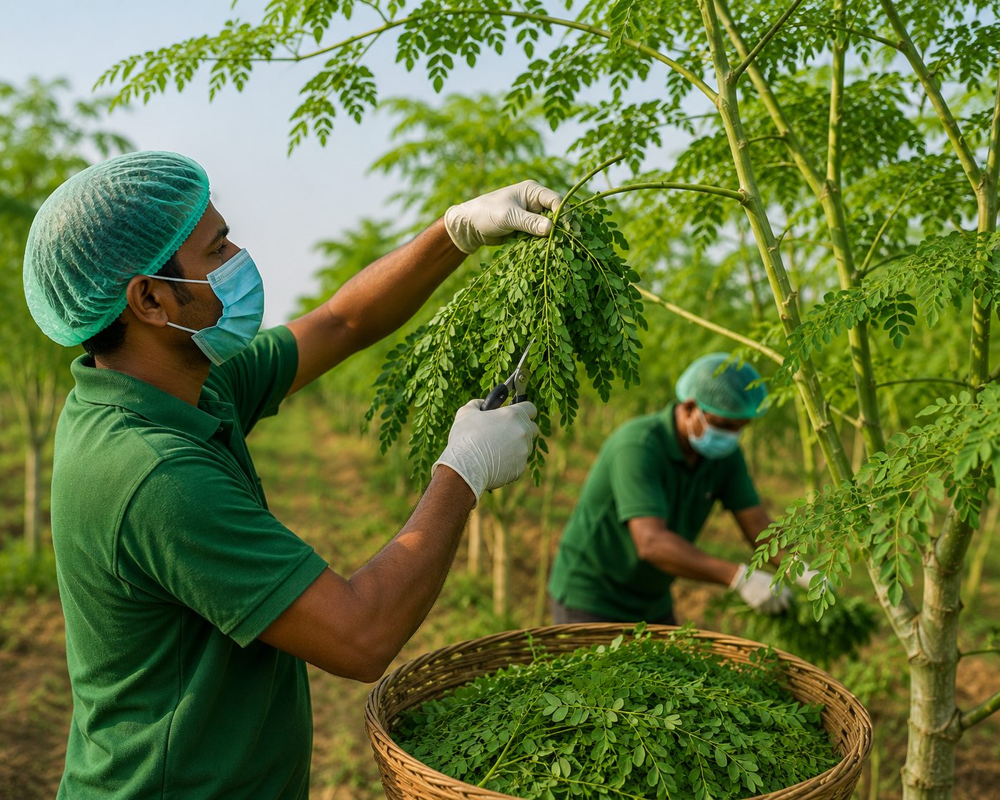 Workers hand-harvesting moringa leaves in the field, gloved and masked