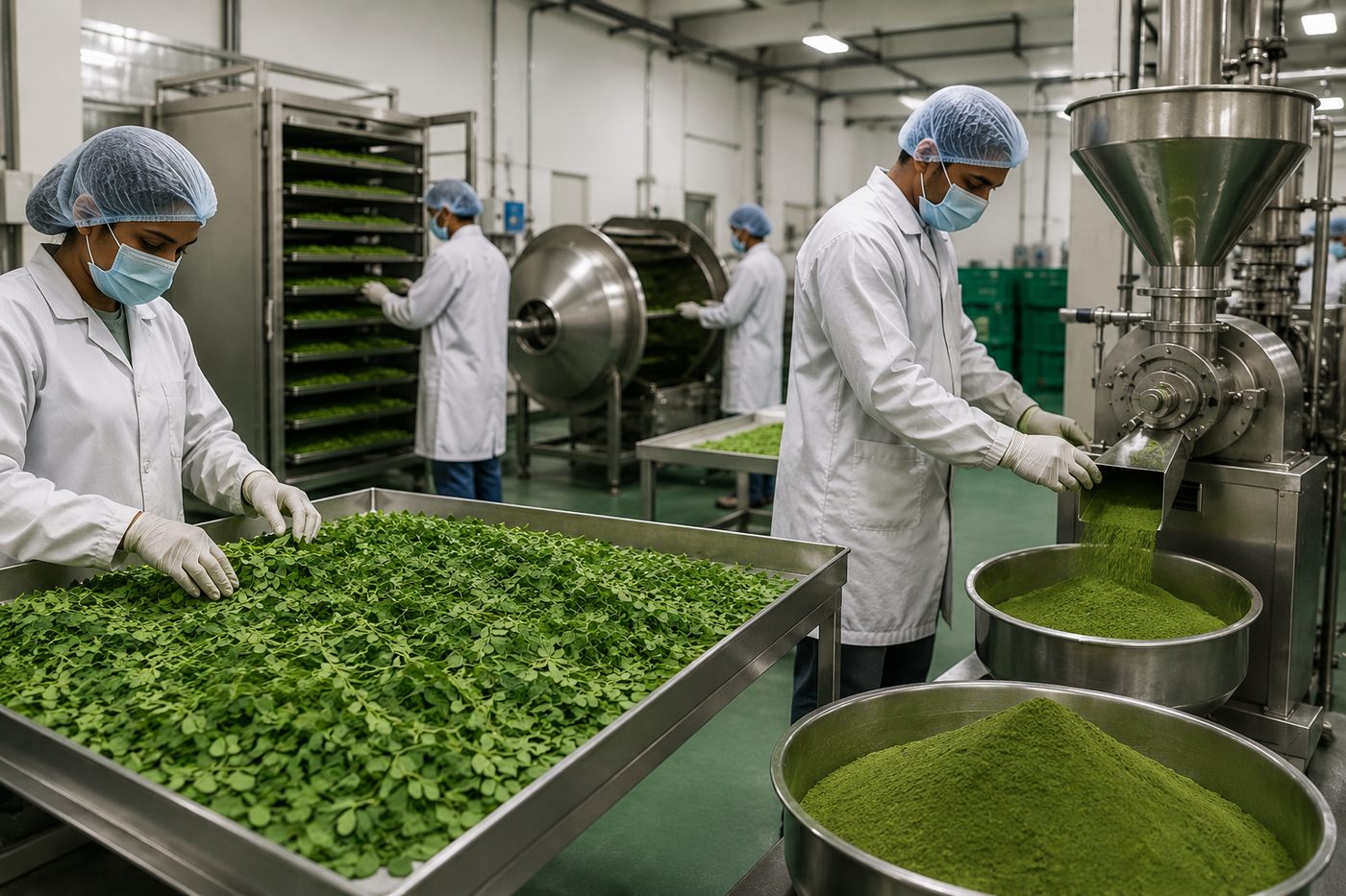 Factory floor drying and grinding moringa leaves into powder