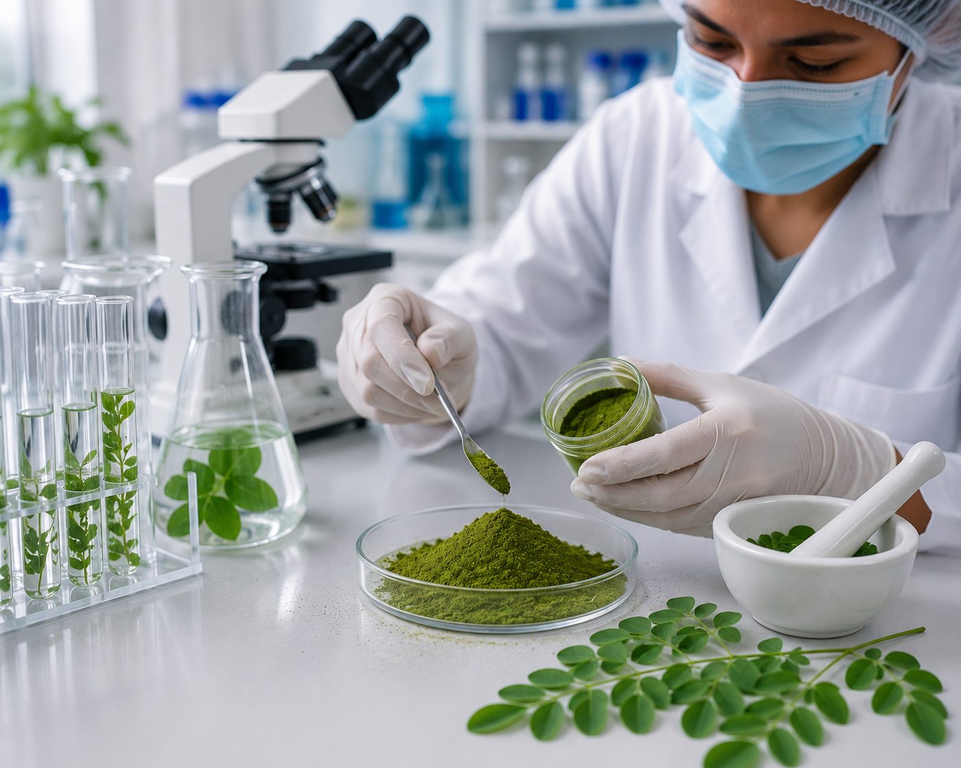 Lab technician testing moringa leaf powder under microscope