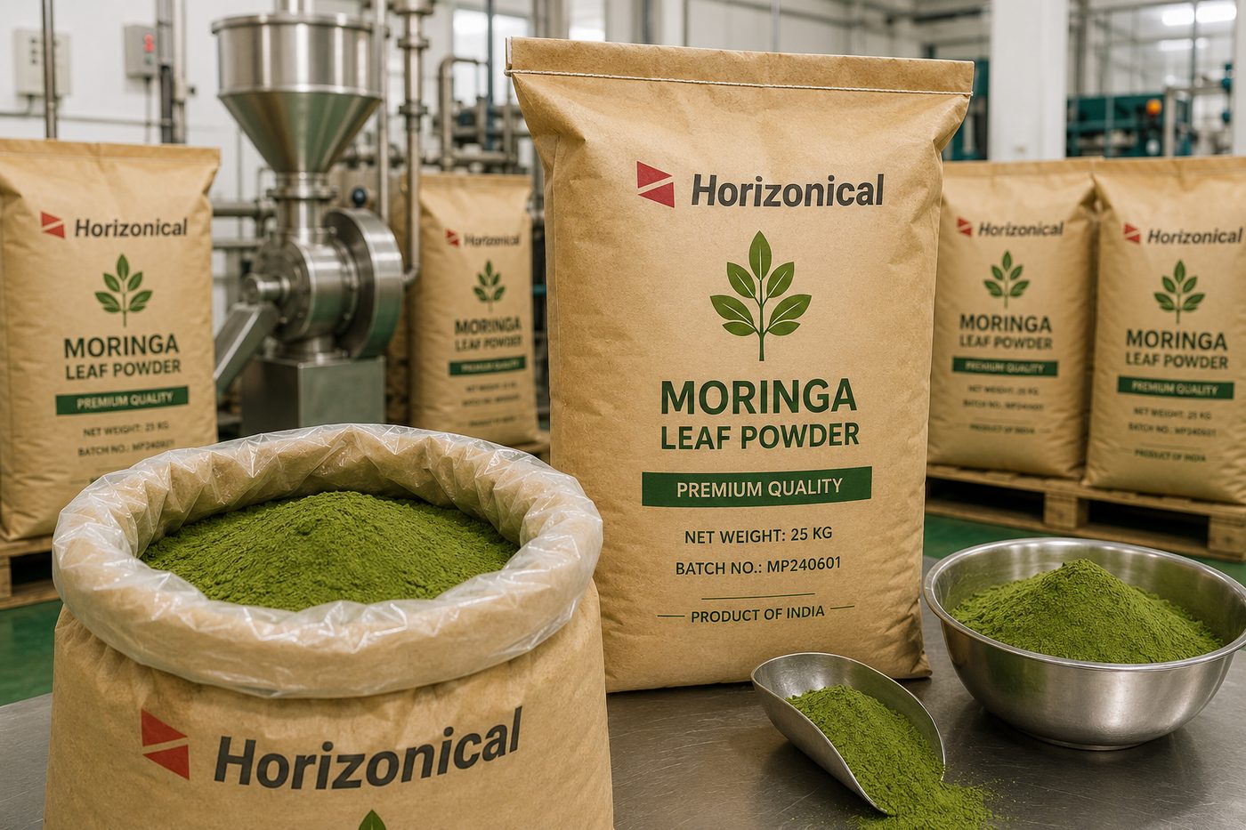 Horizonical Moringa Leaf Powder packed in 25kg bags in the warehouse