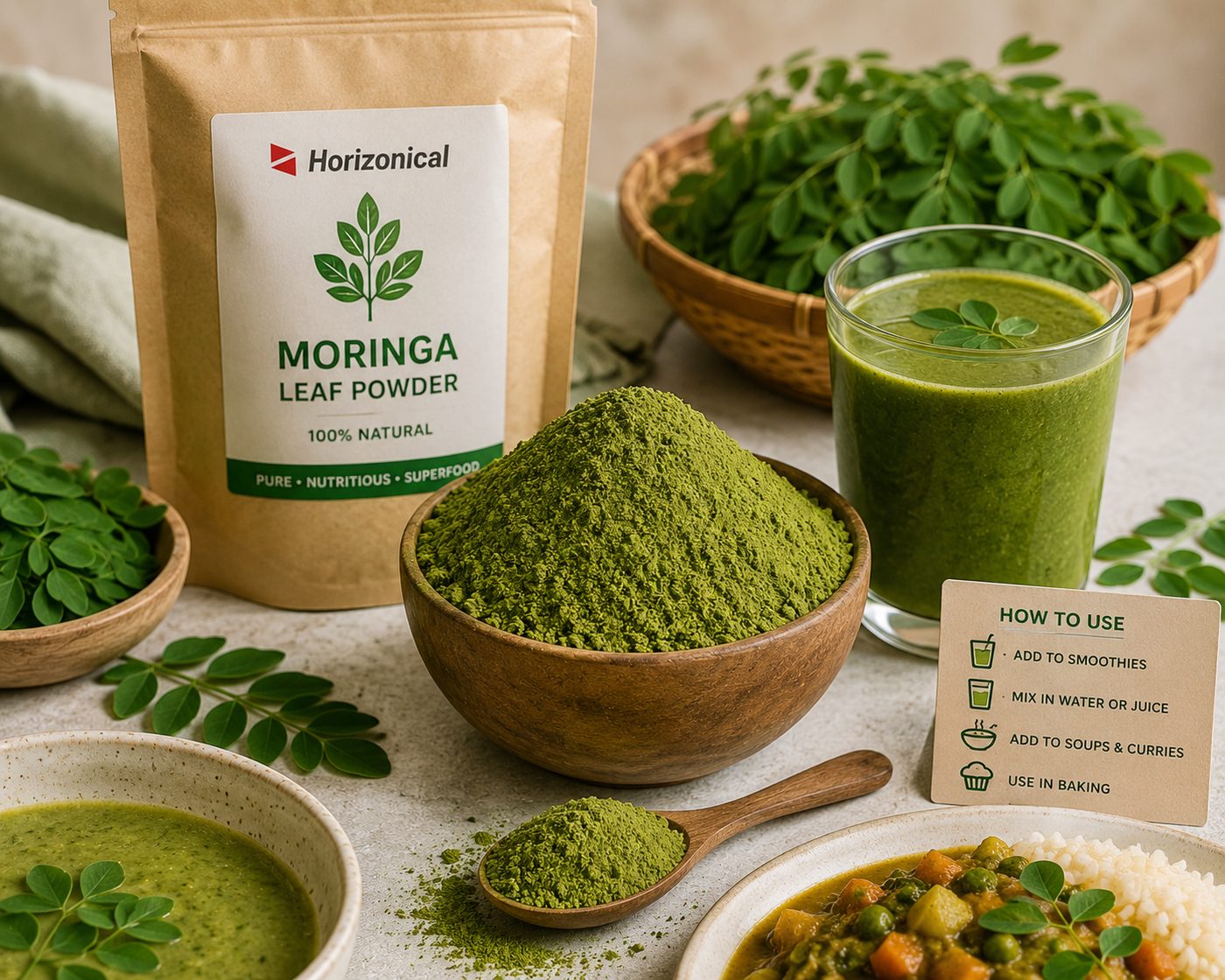 Horizonical Moringa Leaf Powder used in smoothies, soups and curries
